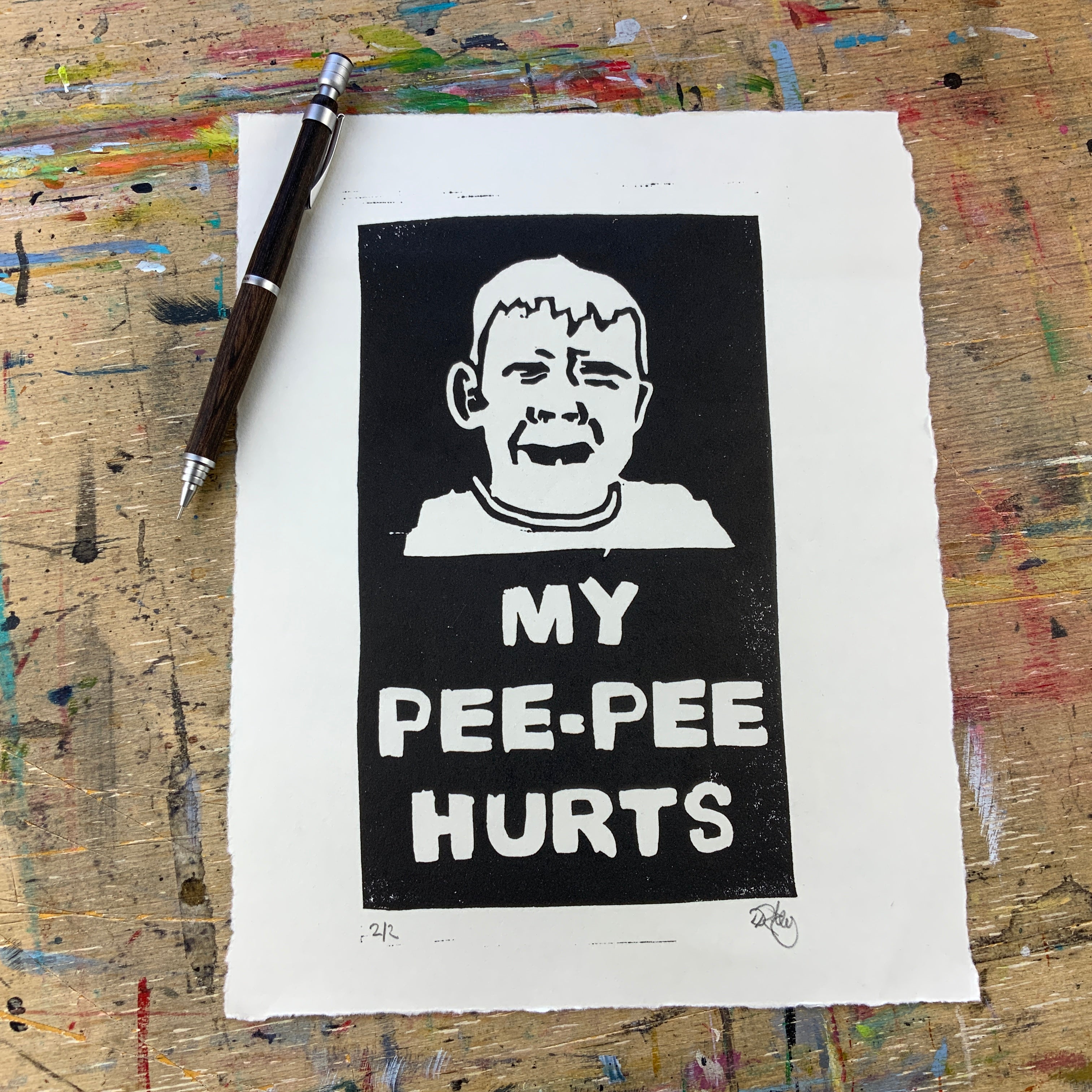 My Pee-Pee Hurts lino print